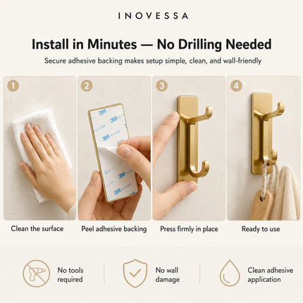 Adhesive Wall Hooks for Hanging Towels, Heavy Duty Metal Hooks No Drill