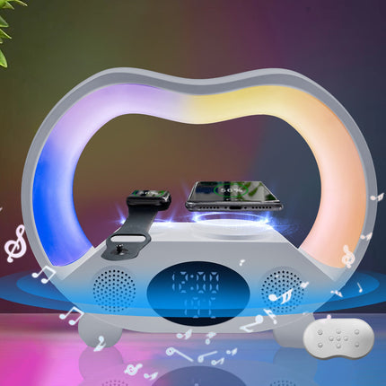 6-in-1 Wireless Charging Smart Lamp with Bluetooth Speaker & Multicolored Lighting | All-in-One Design for Home Convenience