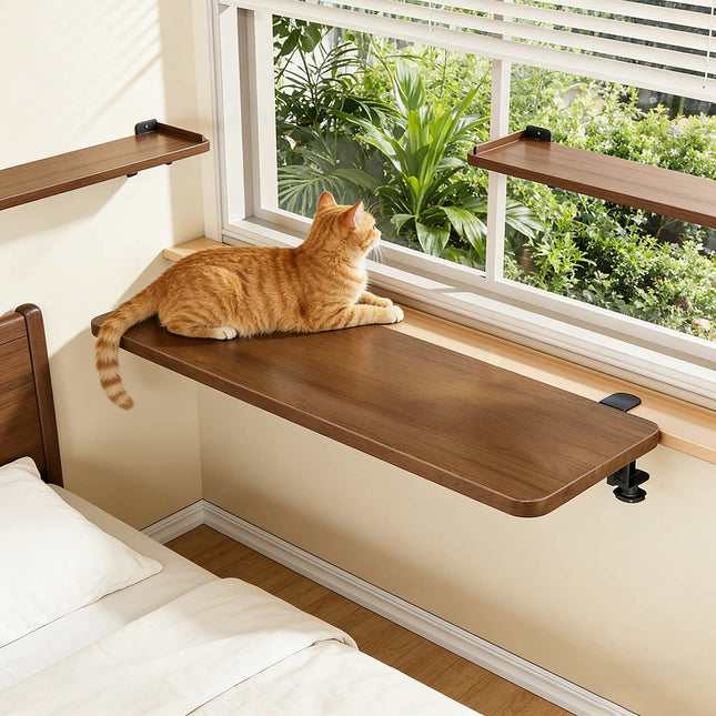 Cat Window Perch, Window Mounted Cat Shelf with No Drill Clamp, Foldable Cat Furniture for Window Seat