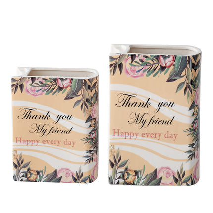 Ceramic Book Vase with Unique Decal Design | Elegant Flower Arrangement Holder in Multiple Sizes