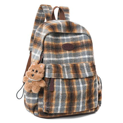 School Backpacks with Plaid Design, Plush Laptop Backpack with Bear Keychain
