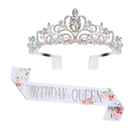 Queen Crown for Women, Birthday Crown with Birthday Sash, Metal Crown with Rhinestones, Birthday Gift for Her