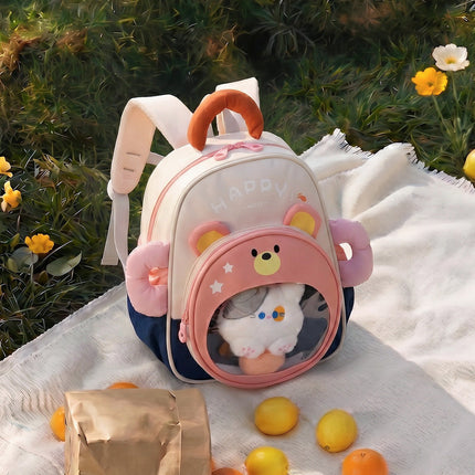 Kids Backpack with Plush Kitty, Cute Backpack with Bear Design