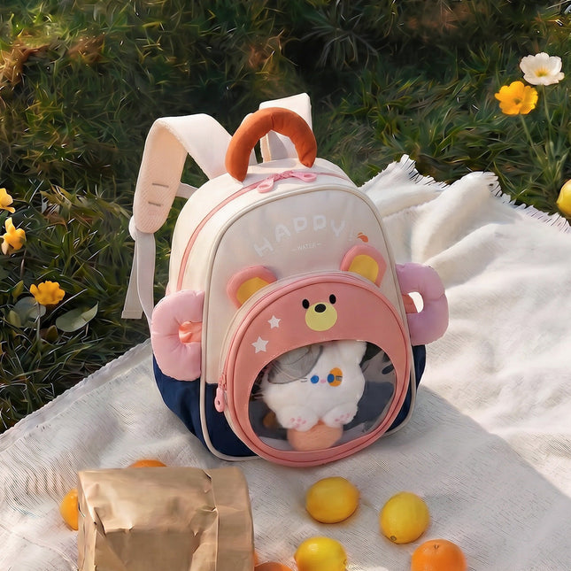 Kids Backpack with Plush Kitty, Cute Backpack with Bear Design