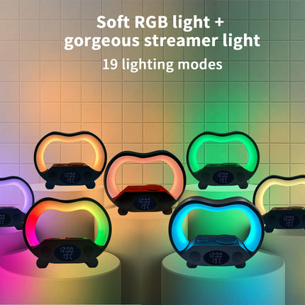 6-in-1 Wireless Charging Smart Lamp with Bluetooth Speaker & Multicolored Lighting | All-in-One Design for Home Convenience