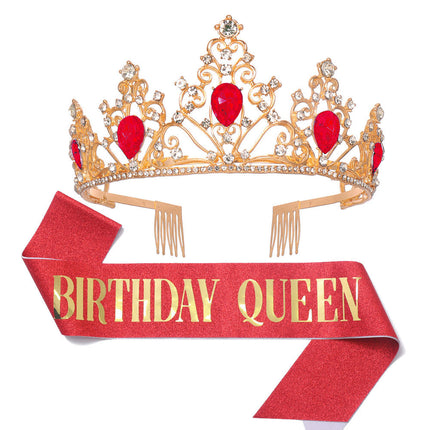 Princess Crown for Girls, Birthday Crown with Birthday Sash, Metal Crown with Sparkling Crystals for Kids Party