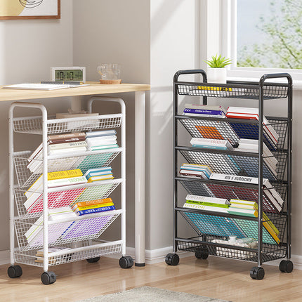 Storage Rack with Wheels, Small Bookshelf, 4 Tier Metal Book Rack, Magazine Rack, Rolling Cart for Home Office