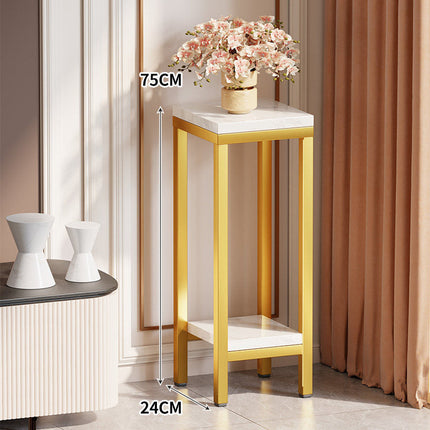 Plant Stand Indoor, Tall Narrow Side Table with Marble-Effect Top and Shelf
