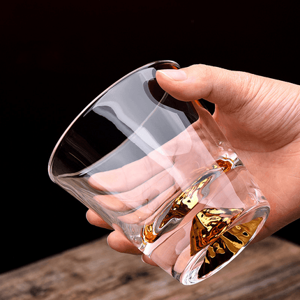Japanese Whisky Glass Set in Wooden Box, Edo Kiriko Rocks Glass with Mount Fuji Design