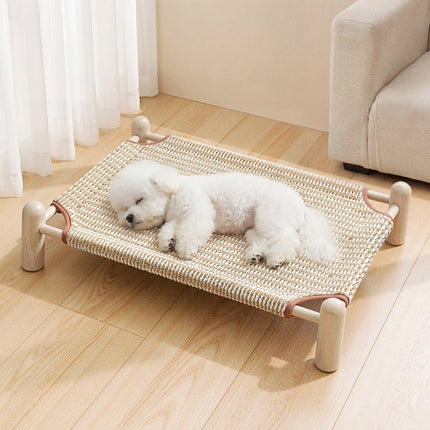 Elevated Dog Bed, Raised Cat Bed, Cooling Dog Bed with Wooden Frame and Breathable Woven Cover for Small and Medium Dogs