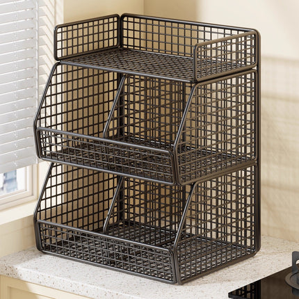 Pantry Organizer, Stackable Wire Baskets with Top Shelf, Fruit Basket for Countertop, Spice Rack for Cans and Snacks