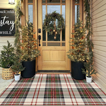 Christmas Door Mat, Plaid Welcome Mat for Front Door, Non Slip Entryway Rug, Festive Christmas Decor