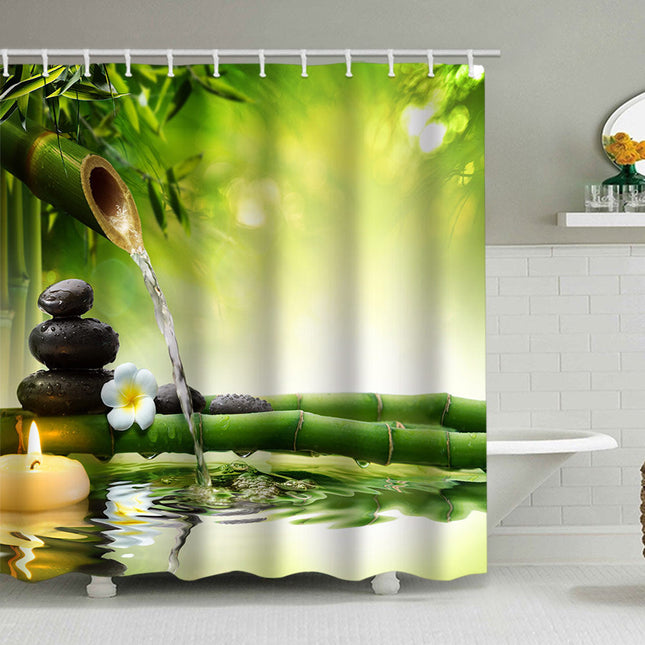 Shower Curtain with Hooks, Bamboo Zen Fabric Shower Curtain for Bathroom Decor, Water Resistant Nature Bathtub Curtain
