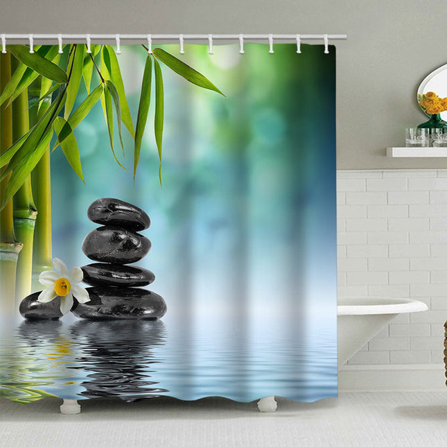 Shower Curtain with Hooks, Bamboo Zen Fabric Shower Curtain for Bathroom Decor