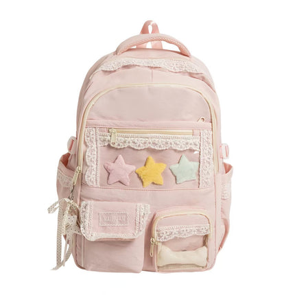 Multi Pocket Backpack with Star and Lace Details, Durable Travel Backpack