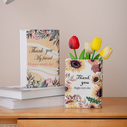 Ceramic Book Vase with Unique Decal Design | Elegant Flower Arrangement Holder in Multiple Sizes