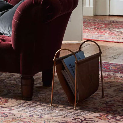 Leather Magazine Holder, Metal Frame Book Holder for Living Room and Office