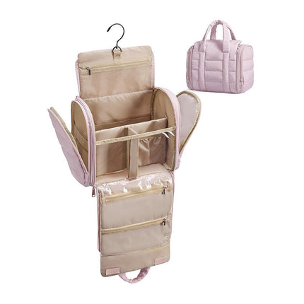 Makeup Bags, Cosmetic Bag with Hanging Hook, Makeup Organizer with Clear Compartments, Quilted Travel Toiletry Bag