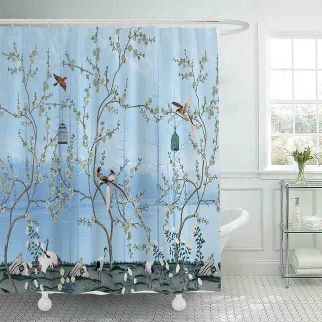 Shower Curtain with Birds and Flowers, Fabric Shower Curtain for Bathroom Decor