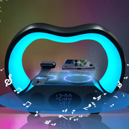 6-in-1 Wireless Charging Smart Lamp with Bluetooth Speaker & Multicolored Lighting | All-in-One Design for Home Convenience