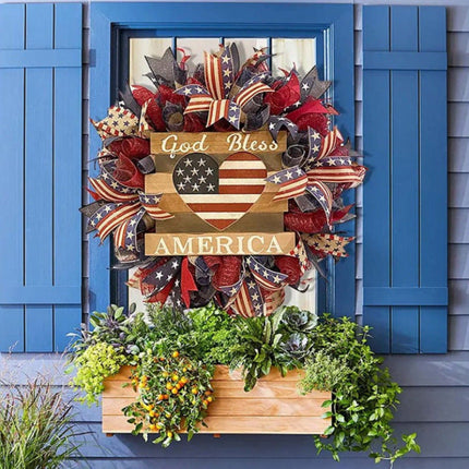 Front Door Wreath, Patriotic Wreath with Wooden Heart Sign and Bows