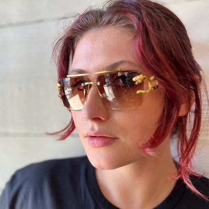 Fashion Sunglasses for Women, Rimless Sunglasses with Gold Accents, Tinted Luxury Sunglasses with Statement Design