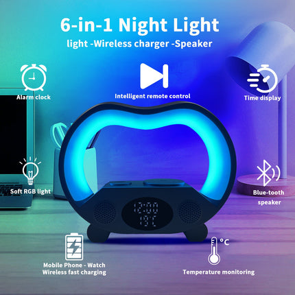 6-in-1 Wireless Charging Smart Lamp with Bluetooth Speaker & Multicolored Lighting | All-in-One Design for Home Convenience