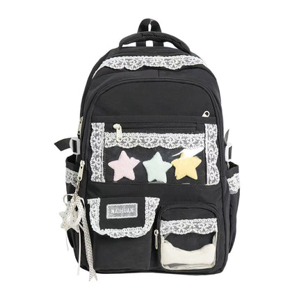 Multi Pocket Backpack with Star and Lace Details, Stylish Laptop Backpack for School, Durable Travel Backpack