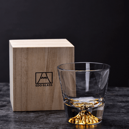 Japanese Whisky Glass Set in Wooden Box, Edo Kiriko Rocks Glass with Mount Fuji Design, Old Fashioned Bourbon Glass Gift