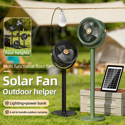Outdoor Fan, Solar Powered Fan with Light and Power Bank, Floor Fan with 5 Speeds and 4 Heights for Camping and Patio