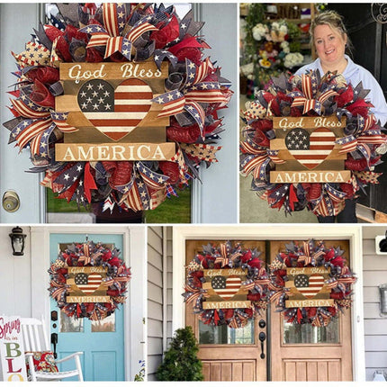 Front Door Wreath, Patriotic Wreath with Wooden Heart Sign and Bows, 4th of July Decorations, Rustic Door Decor