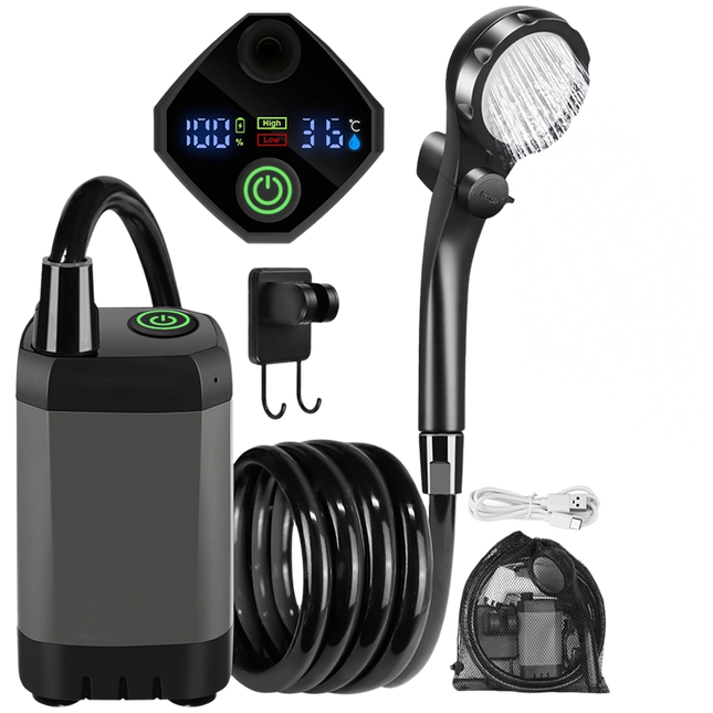 Outdoor Shower Pump | Portable Rechargeable Camping Shower with LED Display | Ideal for Hiking and Beach Trips 0