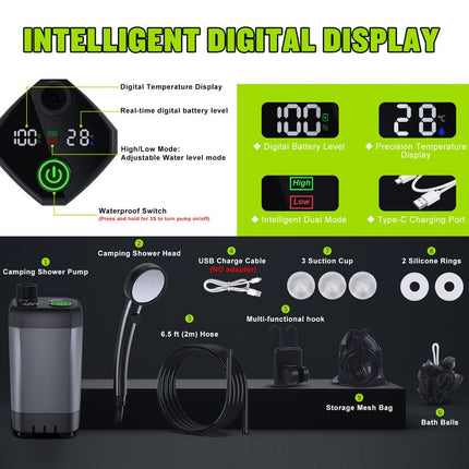 Outdoor Shower Pump | Portable Rechargeable Camping Shower with LED Display | Ideal for Hiking and Beach Trips 8