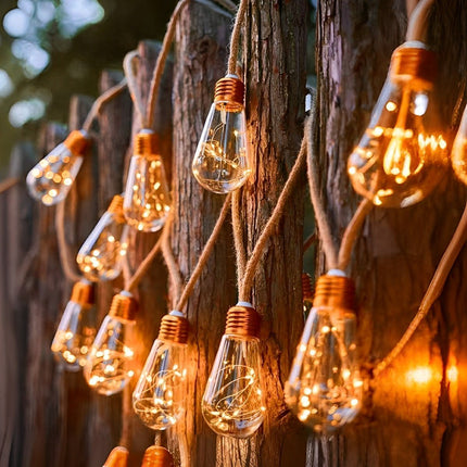 Outdoor String Lights | Solar-Powered LED Bulbs with Hemp Rope Design | Warm White Light for Patios and Gardens 2