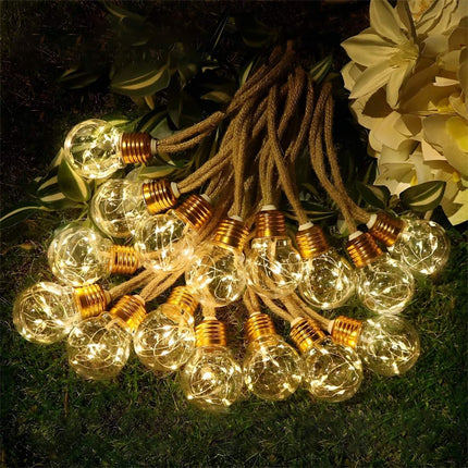 Outdoor String Lights | Solar-Powered LED Bulbs with Hemp Rope Design | Warm White Light for Patios and Gardens 3