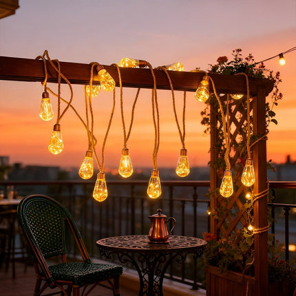 Outdoor String Lights | Solar-Powered LED Bulbs with Hemp Rope Design | Warm White Light for Patios and Gardens 4