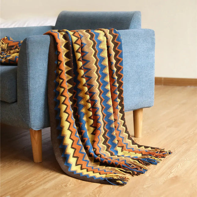 Chevron Coverlet Bedspread, Hand Knitted Blanket with Tassels
