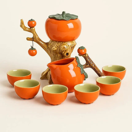Halloween Tea Set with Ceramic Teapot and 6 Teacups, Persimmon Porcelain Tea Set with Automatic Rack
