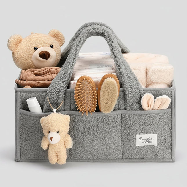 Plush Sherpa Diaper Caddy Organizer with Adjustable Dividers | Versatile Baby Storage Solution for Easy Nursery Organization 0