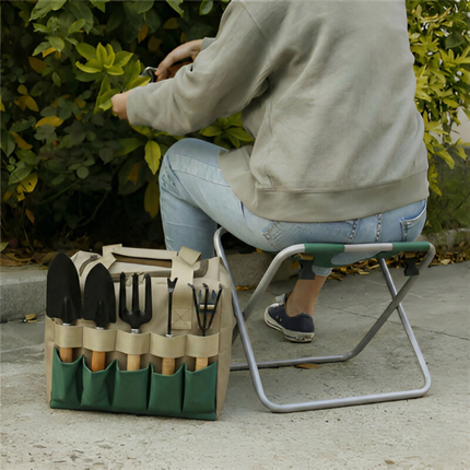 Portable Garden Tool Set with Folding Stool & 6 Essential Tools for Easy Gardening 1