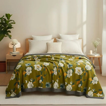 Cotton Throw Blanket for Sofa, Pure Cotton Blanket with Floral Print and Five Layer Gauze