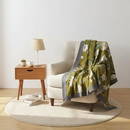 Cotton Throw Blanket for Sofa, Pure Cotton Blanket with Floral Print and Five Layer Gauze, Lightweight Bed Blanket