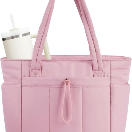 Quilted Puffer Tote Bag | Stylish Laptop Sleeve & Tumbler Pocket | 20L Capacity for Organized Travel 10