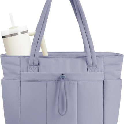 Quilted Puffer Tote Bag | Stylish Laptop Sleeve & Tumbler Pocket | 20L Capacity for Organized Travel 11