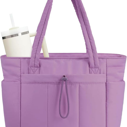 Quilted Puffer Tote Bag | Stylish Laptop Sleeve & Tumbler Pocket | 20L Capacity for Organized Travel 12