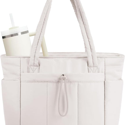 Quilted Puffer Tote Bag | Stylish Laptop Sleeve & Tumbler Pocket | 20L Capacity for Organized Travel 7