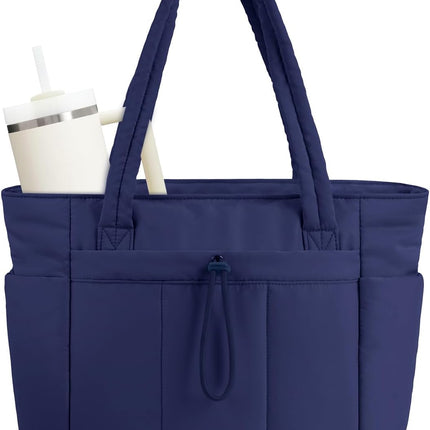 Quilted Puffer Tote Bag | Stylish Laptop Sleeve & Tumbler Pocket | 20L Capacity for Organized Travel 9