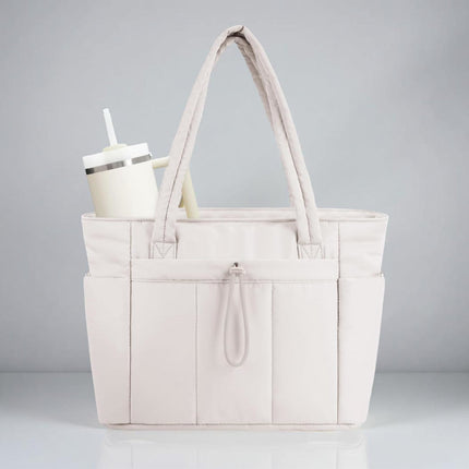 Quilted Tote Bag | Spacious Organizer with Laptop Sleeve & Tumbler Holder for Travel 1