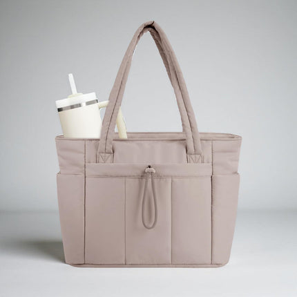 Quilted Tote Bag | Spacious Travel Organizer with Laptop Sleeve & Tumbler Holder 4