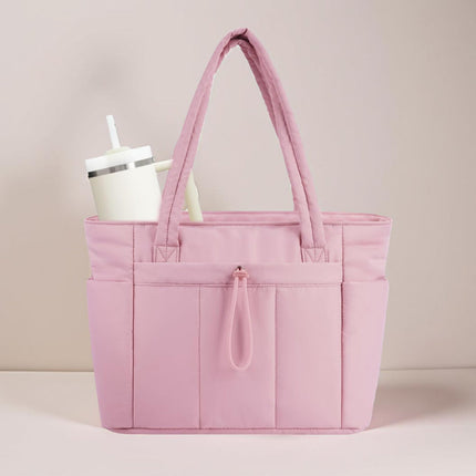Quilted Tote Bag | Spacious Travel Organizer with Laptop Sleeve & Tumbler Holder 5
